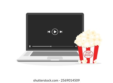 Laptop icon. Popcorn icon. Flat style. Vector icon.