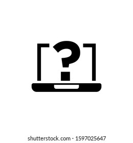 Laptop icon with question mark in black flat on white background, Notebook icon and help, how to, info, query symbol