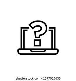 Laptop icon with question mark in lineart style on white background, Notebook icon and help, how to, info, query symbol