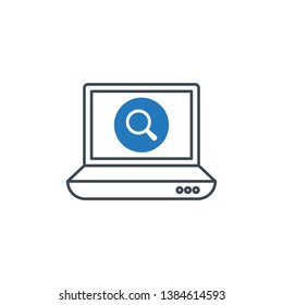 Laptop icon with research sign. Notebook icon and explore, find, inspect symbol 