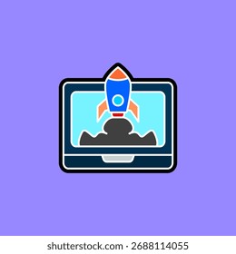 Icono del ordenador portátil con el cohete, estilo plano simple, Ilustración vectorial, símbolo, pictograma de la Plantilla del logotipo del diseño, para UI o UX para el App móvil, editable