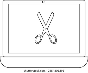 Laptop-Symbol und Schere-Symbol mit weißem Hintergrund.mit schwarzen Linien