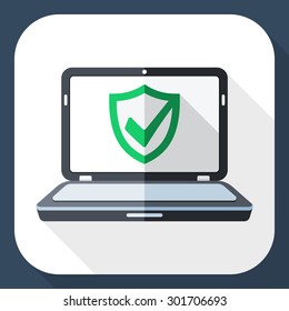 Laptop icon with security shield on the screen and long shadow