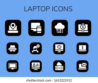 laptop icon set. 12 filled laptop icons. Included Laptop, Hacker, Monitor, Responsive, News, Binary, Computer, Server icons