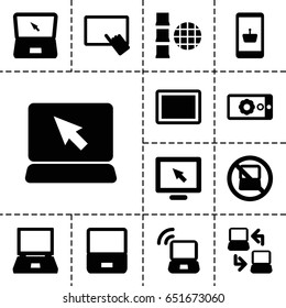 Laptop icon. set of 13 filled laptopicons such as no laptop, finger on tablet, tablet, gear on display, display, online shopping