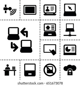 Laptop icon. set of 13 filled laptopicons such as no laptop, finger on tablet, tablet, man working at the table, chart on display, cloud protection