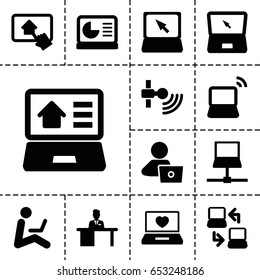 Laptop icon. set of 13 filled laptopicons such as man with laptop, man working at the table, home on tablet, chart on display
