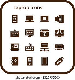 laptop icon set. 16 filled laptop icons.  Collection Of - Tablet, Laptop, Handheld, Keyboard, Computer, Contacts, Pendrive