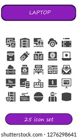  laptop icon set. 25 filled laptop icons. Simple modern icons about  - Responsive, Server, Screens, Cloud storage, Graphic tablet, Cpu, Pendrive, Learn, Laptop, Communication