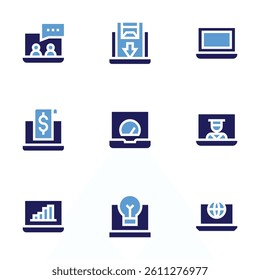 Laptop icon set. Bold style. Duotone colors. coaching, discount, laptop, invoice, online education, idea.