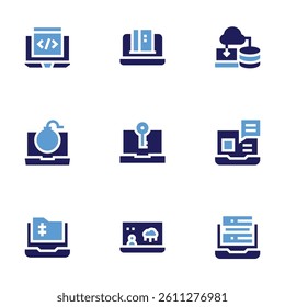 Laptop icon set. Bold style. Duotone colors. code, online banking, server, ddos, computer, video call, compressed file, forecaster, database.