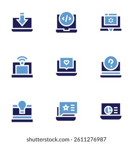 Laptop icon set. Bold style. Duotone colors. download, laptop, loading, chat, idea.