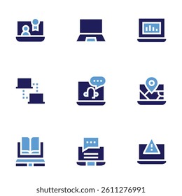 Laptop icon set. Bold style. Duotone colors. cv, laptop computer, laptop, client server, chat, map, online.