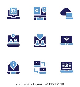 Laptop icon set. Bold style. Duotone colors. virus, star, cloud computing, video conference, online dating, wifi, information, videocall.