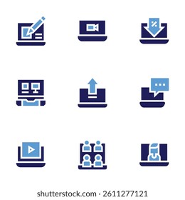 Laptop icon set. Bold style. Duotone colors. web design, laptop, discount, electronics, upload, video tutorial, virtual event, videocall.
