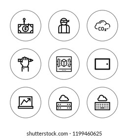Laptop icon set. collection of 9 outline laptop icons with co, education, laptop, hacker, keyboard, phishing, scanner, tablet icons. editable icons.