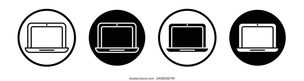 Laptop icon set. Computer notebook pc vector symbol in a black filled and outlined style. Tablet pc screen sign.