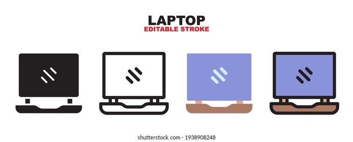 Juego de iconos de portátiles con estilos diferentes. Iconos vectoriales de colores diseñados en color relleno, contorno, plano, glifo y línea. Actrazo editable y píxel perfecto. Se puede usar para web, móvil, ui y más.