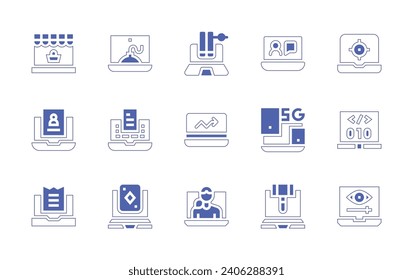 Laptop icon set. Duotone color. Vector illustration. Containing virus, teleconference, online store, online library, shooting game, blog, devices, application, statistic, code, playing cards, auction.