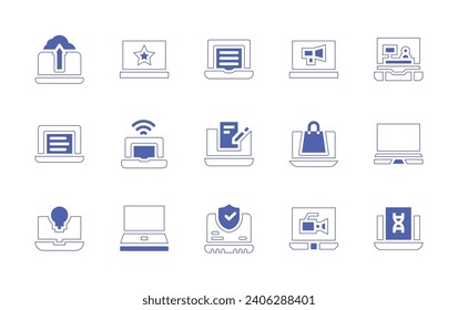 Laptop icon set. Duotone color. Vector illustration. Containing laptop, megaphone, writing, protection, upload, online support, cyber monday, video.