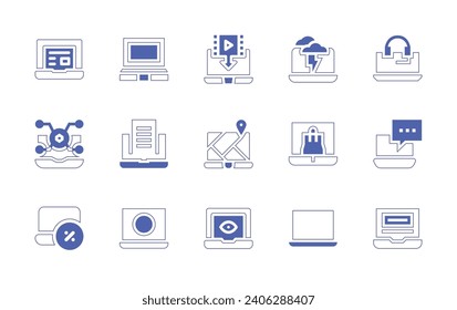 Laptop icon set. Duotone color. Vector illustration. Containing laptop, download, map, spy, thunder, online trading.