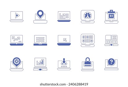 Laptop icon set. Duotone color. Vector illustration. Containing trade, laptop, dashboard, binary, online shopping, paper bin, edit, question mark.
