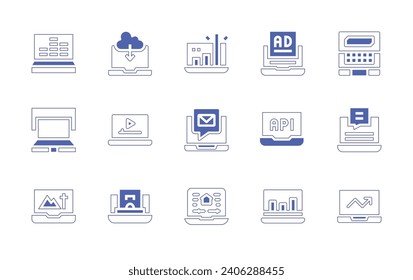 Laptop icon set. Duotone color. Vector illustration. Containing laptop, ad, application, stats, profit, digital marketing, domotics, cloud storage, video player, online payment.