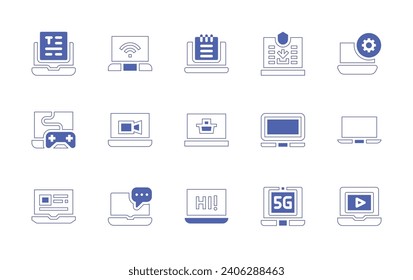 Laptop icon set. Duotone color. Vector illustration. Containing typography, settings, video game, laptop, 5g, shopping cart, hi, wifi, video call, chat, download, notebook.