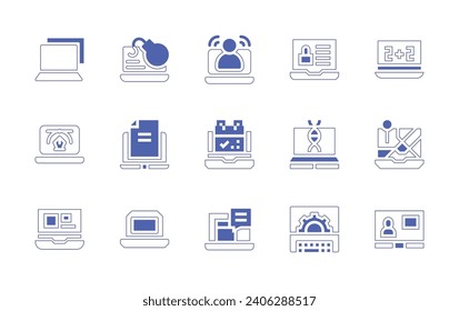 Laptop icon set. Duotone color. Vector illustration. Containing laptop, lock, genetic engineering, settings, video call, reminder, notice.