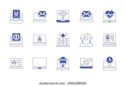 Laptop icon set. Duotone color. Vector illustration. Containing laptop, email, network, recycling, wifi, earnings, gift, online game, advertisement.