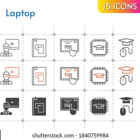 conjunto de iconos del portátil. chip incluido, profesor, elearning, touchscreen, introduzca iconos en fondo blanco. estilos lineales, bicolores, rellenos.