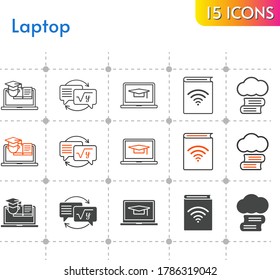 laptop icon set. included cloud library, audiobook, homework, training icons on white background. linear, bicolor, filled styles.