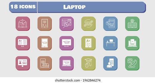 laptop icon set. included study, test, learn, learning, student-desktop, feedback, online shop, tablet, ereader, desktop icons on white background. linear, filled styles.