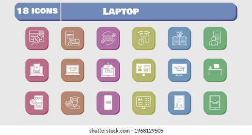 laptop icon set. included study, test, learn, learning, student-desktop, student-smartphone, feedback, online shop, tablet icons on white background. linear, filled styles.