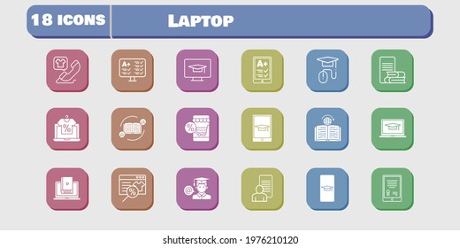 laptop icon set. included study, test, learn, student, learning, student-desktop, student-smartphone, feedback, online shop icons on white background. linear, filled styles.