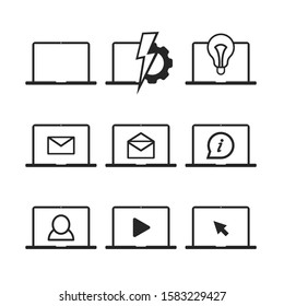 Laptop icon set, isolated on white background. Portable wireless computer flat black vector symbol illustration.