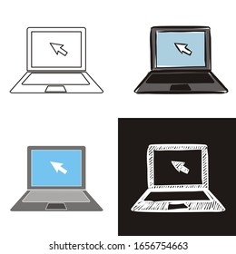 Laptop icon set isolated on white background. Hand-drawn contour icon in doodle style, flat and chalk on a black board. Vector object for the topics of training, computer science, IT, Internet