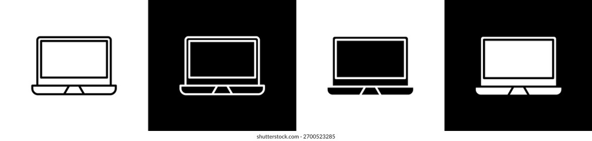 Conjunto de iconos de computadora portátil en línea y estilo de glifo sobre fondo blanco y negro