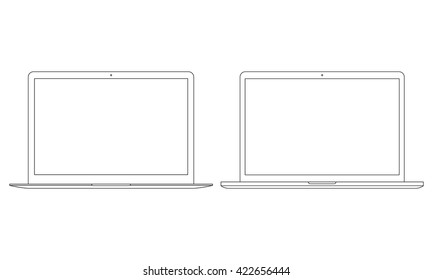 laptop icon set in outline design isolated on white background. notebook mockup in thin line style. stock vector illustration