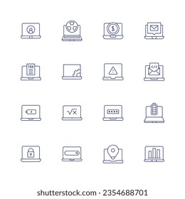 Conjunto de iconos de la laptop. Icono de línea delgada. Trazo editable. Conteniendo portátil, aplicación, codificación, correo electrónico, impuestos, contraseña, batería completa, búsqueda, bombilla, correo.