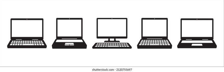 Laptop icon set. Various slim and thick laptops type. Assorted laptops vector icons set. Symbol of personal computer, portable computer, display screen. Simple flat outline design illustration.