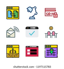 laptop icon set. vector set about desk lamp, rss feed, browser and credit card icons set.