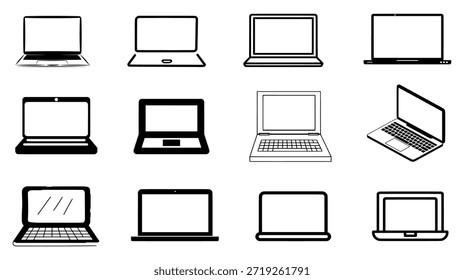 Conjunto de iconos de computadora portátil en estilo de silueta de Vector que muestra varios diseños de computadora para Plantillas EPS, obras de arte tecnológicas y Elementos de interfaz de usuario.