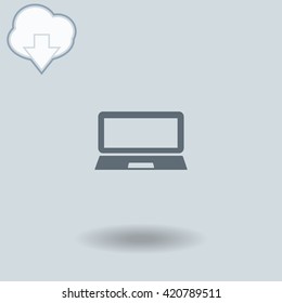 Laptop icon with shadow. Cloud of download with arrow.