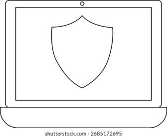laptop icon and shield icon with white background.with black lines