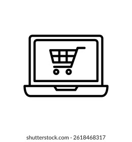 laptop icon with shopping cart, online shopping icon, simple flat style, illustration, logo sign symbol pictogram template, for ui or ux isolated on white for mobile app, editable