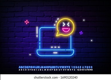 Laptop icon with a smiley icon. Glowing laser speech bubble. Neon lights. Banner-an icon with the image of messages. Vector