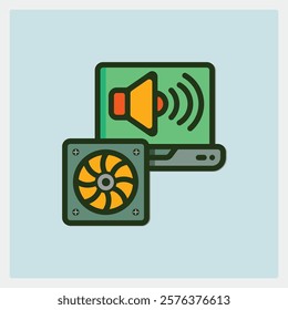 Laptop icon with a speaker symbol and a cooling fan in a flat design style illustration