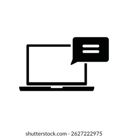 Icono del ordenador portátil con la burbuja del discurso que representa la comunicación en línea y la interacción digital en un entorno moderno