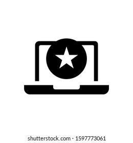 Laptop icon with star sign in black flat on white background, Notebook icon and best, favorite, rating symbol 